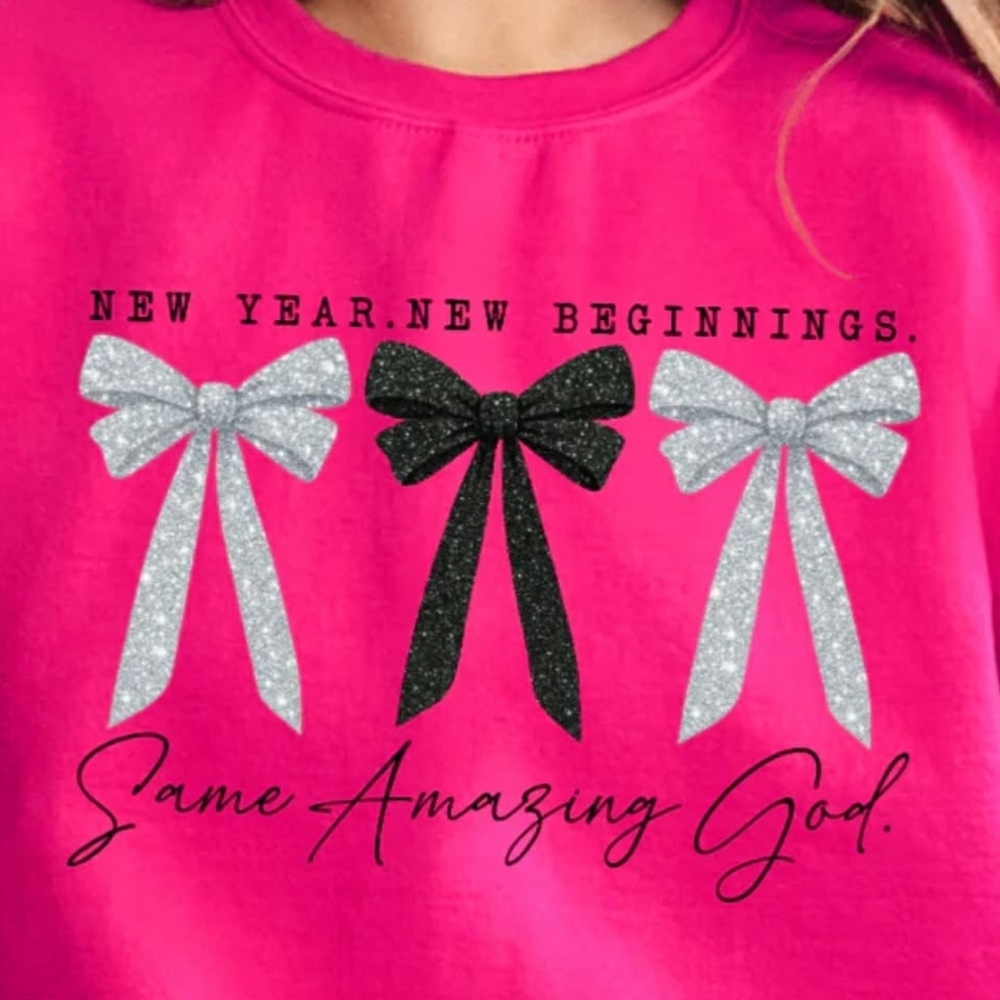 Pink Glitter Bow Sweatshirt Ladies Medium - Xlarge